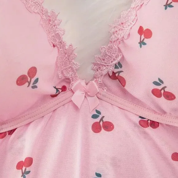 XL Sexy Cherry Print Lace Trim Slip Nightdress, V Neck Backless Sleep Mini Dress - Picture 3 of 5